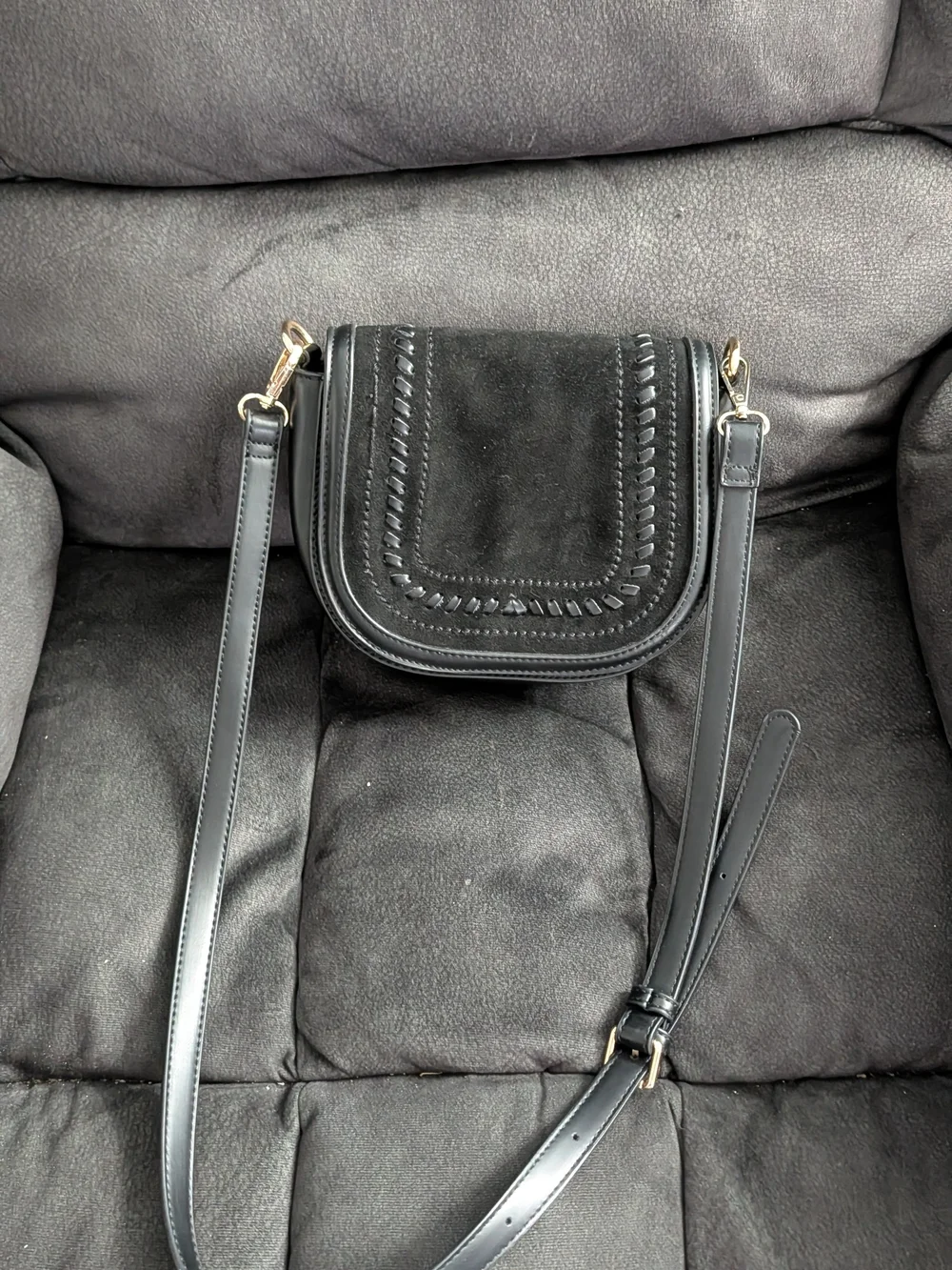 Moda Luxe Black Crossbody Saddle Bag with Woven Detail